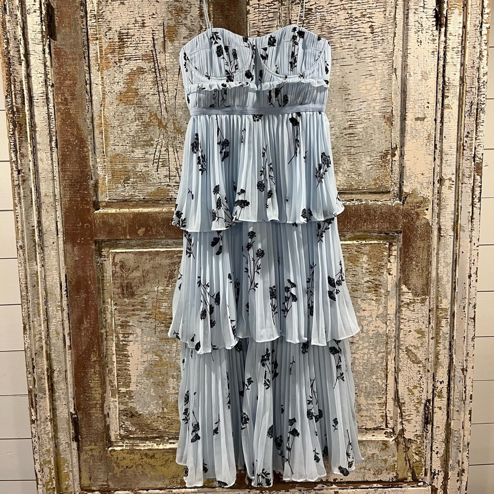 Self-Portrait blue sleeveless chiffon tiered midi dress